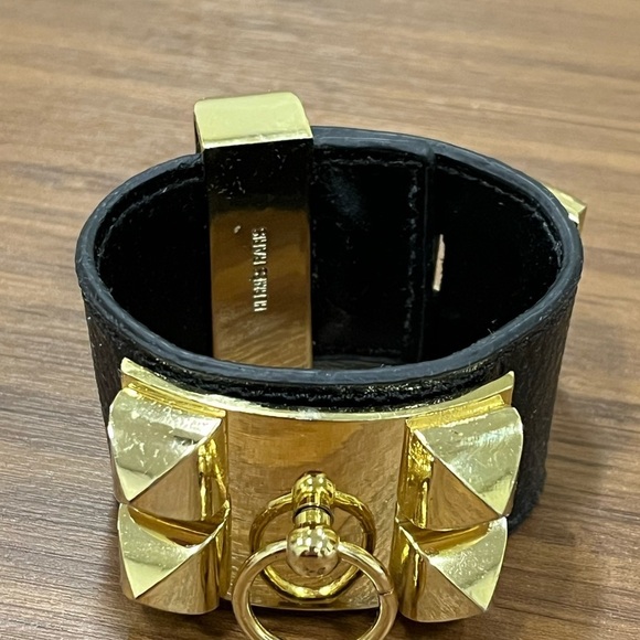Hermes Collier de Chien leather cuff bracelet noir w/gold hardware fits 6” wrist - Picture 5 of 16